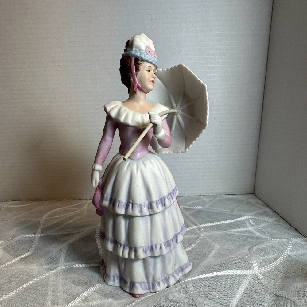 Homco Vintage Porcelain Victorian Lady Figurine w/ Parasol White Pink Purple